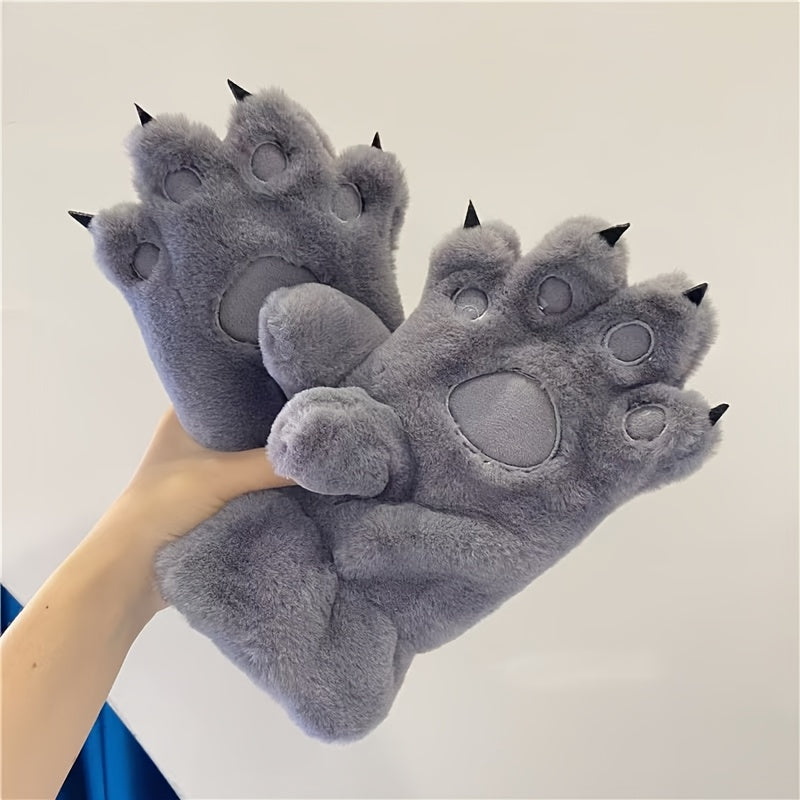 Cozy Cat Paw Plush Mittens - Ultra-Warm, Windproof Thick Fleece Gloves with Cute Animal Design for Cycling, Skiing & Outdoor Activities, White with Brown Accents